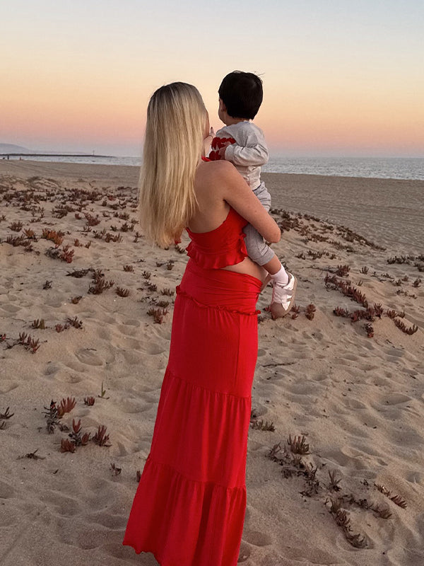 Momsmood Red lace up Halter Neck Otter Margin V Neck Two Piece Beach Vacation Baby Shower Maternity Photoshoot Suits