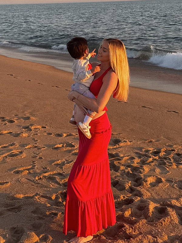 Momsmood Red lace up Halter Neck Otter Margin V Neck Two Piece Beach Vacation Baby Shower Maternity Photoshoot Suits