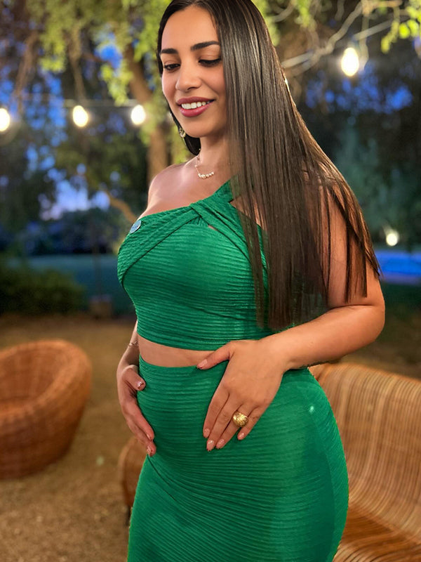 Momsmood Green Oblique Shoulder Ruched Side Slit Two Piece Beach Vacation Baby Shower Maternity Photoshoot Suits