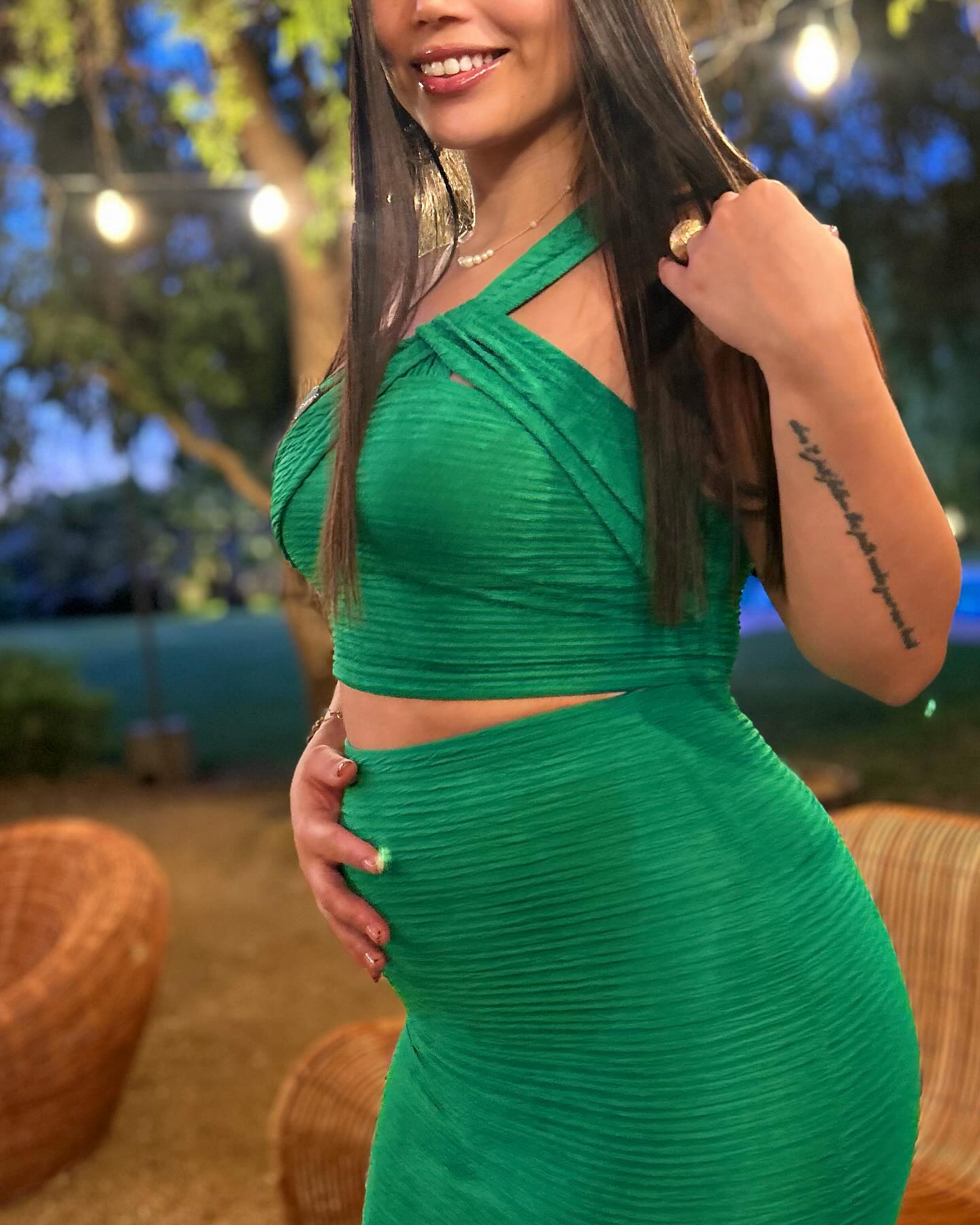 Momsmood Green Oblique Shoulder Ruched Side Slit Two Piece Beach Vacation Baby Shower Maternity Photoshoot Suits