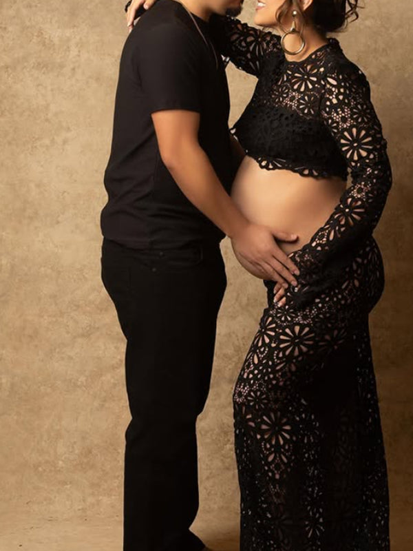 Momsmood Black Lace Skeleton Two Piece Bodycon Beach Vacation Baby Shower Maternity Photoshoot Suits