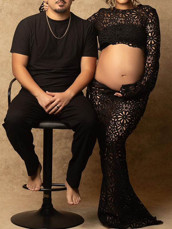 Momsmood Black Lace Skeleton Two Piece Bodycon Beach Vacation Baby Shower Maternity Photoshoot Suits
