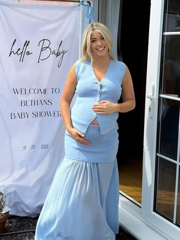 Blue Buttons Grenadine Two Piece Maternity Baby Shower Maxi Dress
