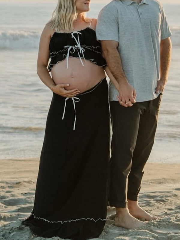 Momsmood Black Suspender Skirt Belt Crop Wavy Edge Drawstring Two Piece Photoshoot Maternity Maxi Dresses