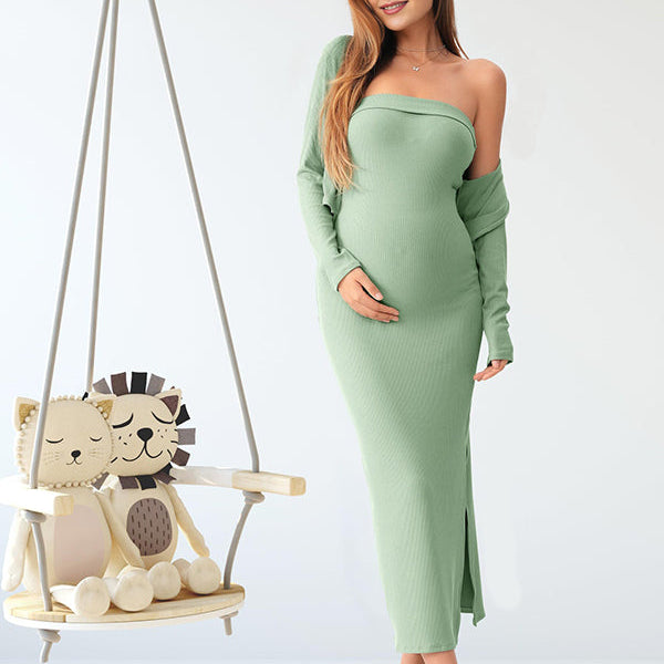 Momsmood Christmas Lace-up Side Slit Cardigan Two Piece Maternity Sweater Baby Shower Maxi Dress