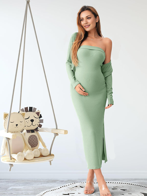 Momsmood Christmas Lace-up Side Slit Cardigan Two Piece Maternity Sweater Baby Shower Maxi Dress