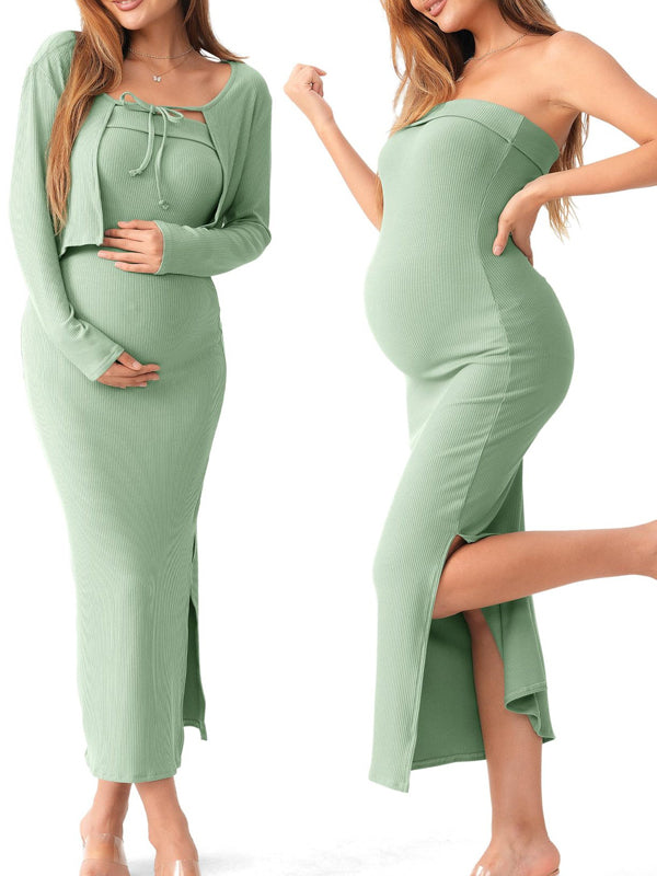 Momsmood Lace-up Side Slit Cardigan Two Piece Maternity Sweater Baby Shower Maxi Dress
