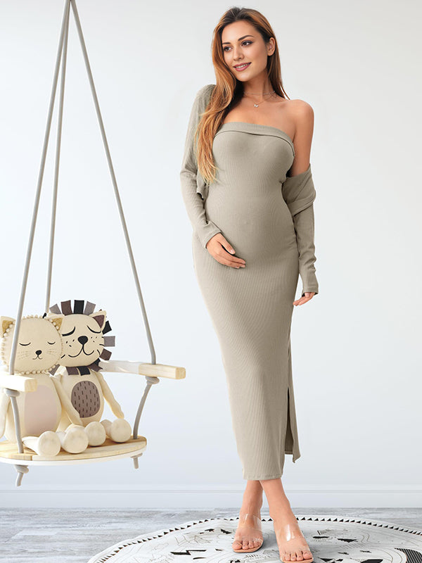 Momsmood Christmas Lace-up Side Slit Cardigan Two Piece Maternity Sweater Baby Shower Maxi Dress