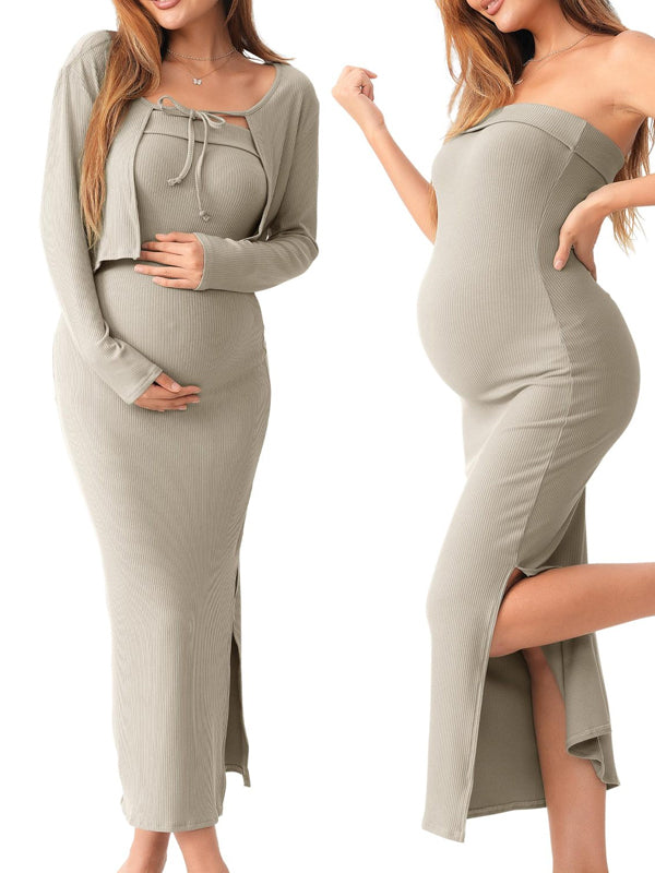 Momsmood Christmas Lace-up Side Slit Cardigan Two Piece Maternity Sweater Baby Shower Maxi Dress