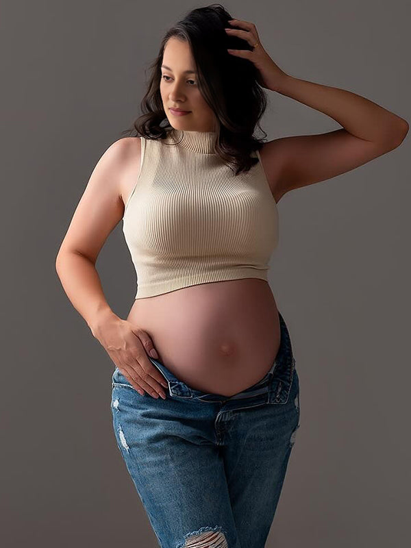Momsmood Apricot Knitted Crop High Neck Sleeveless Chic Maternity Top