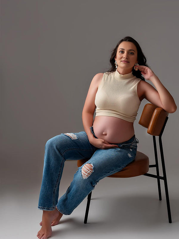 Momsmood Apricot Knitted Crop High Neck Sleeveless Chic Maternity Top
