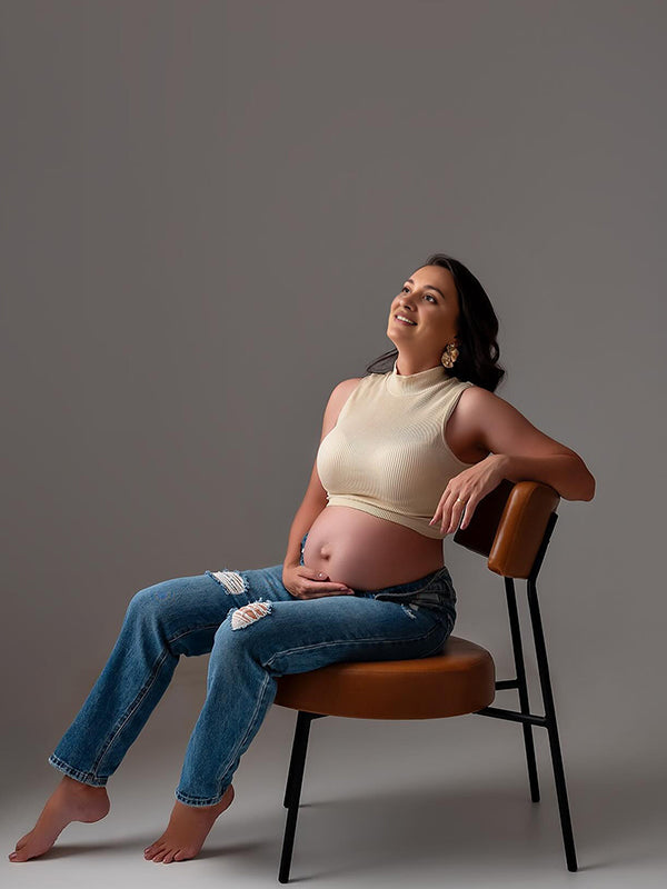 Momsmood Apricot Knitted Crop High Neck Sleeveless Chic Maternity Top