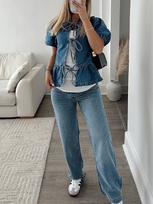 Momsmood Blue Flouncy Bow Puff Sleeve Denim Photoshoot Maternity Other Tops