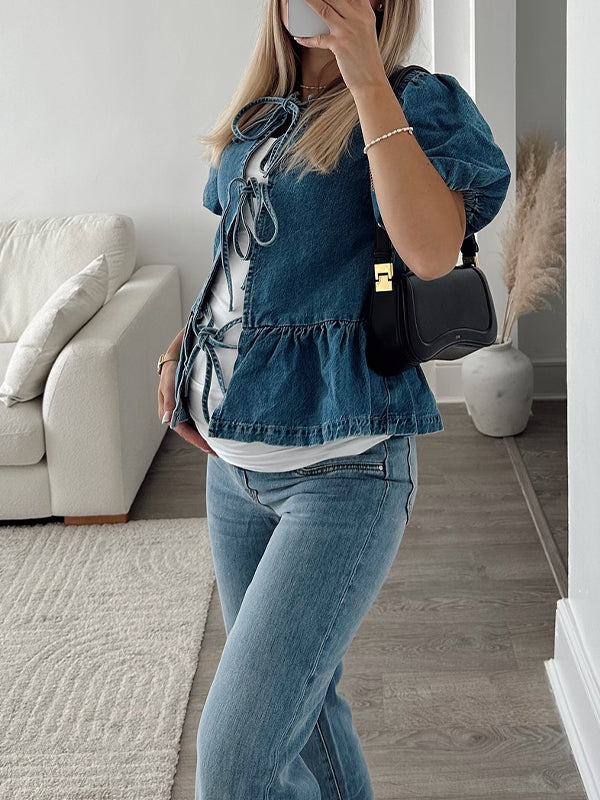 Momsmood Blue Flouncy Bow Puff Sleeve Denim Photoshoot Maternity Other Tops