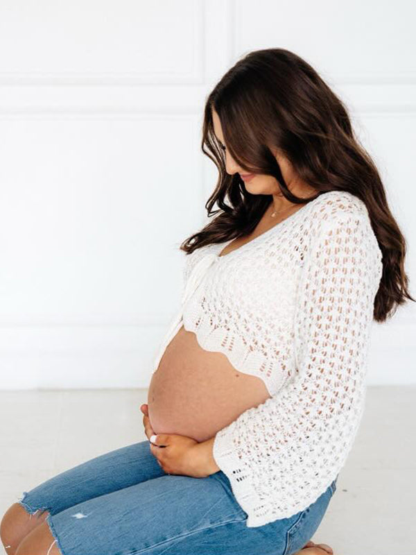 Momsmood White Crochet Drawstring Lace Flare Sleeve Photoshoot Maternity Other Tops