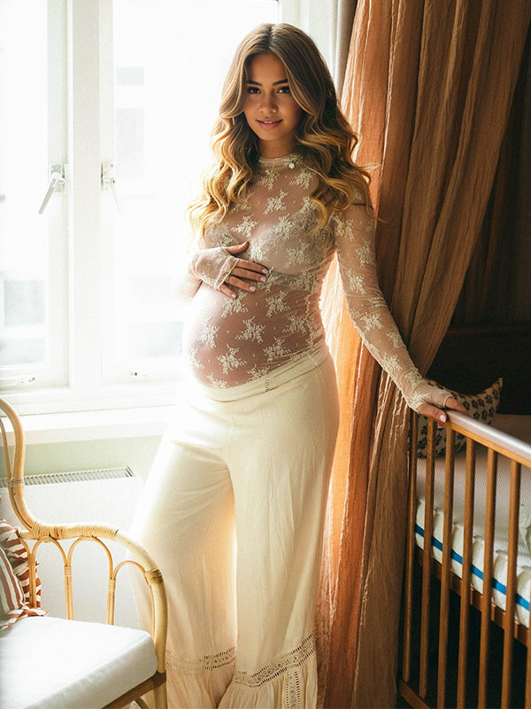 Momsmood Lace Sheer Ruffle Band Neck Photoshoot Maternity Top