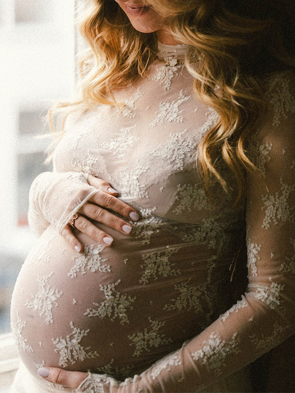Momsmood Lace Sheer Ruffle Band Neck Photoshoot Maternity Top