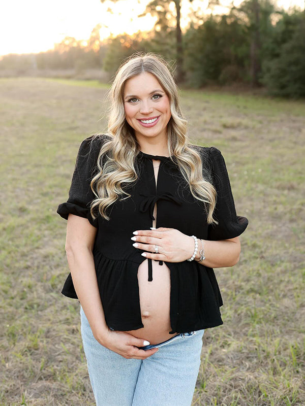 Black Bow Tie Puff Sleeve Photoshoot Maternity Blouse Top