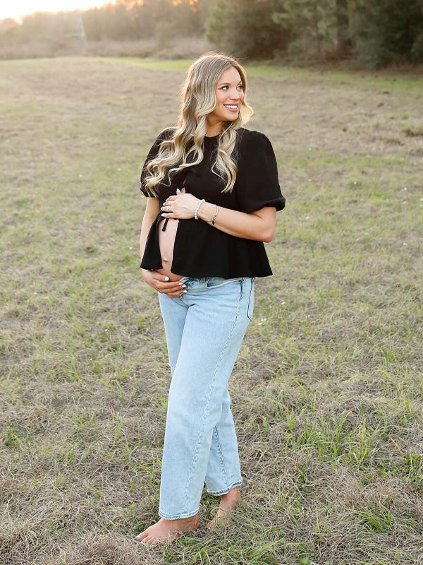 Black Bow Tie Puff Sleeve Photoshoot Maternity Blouse Top