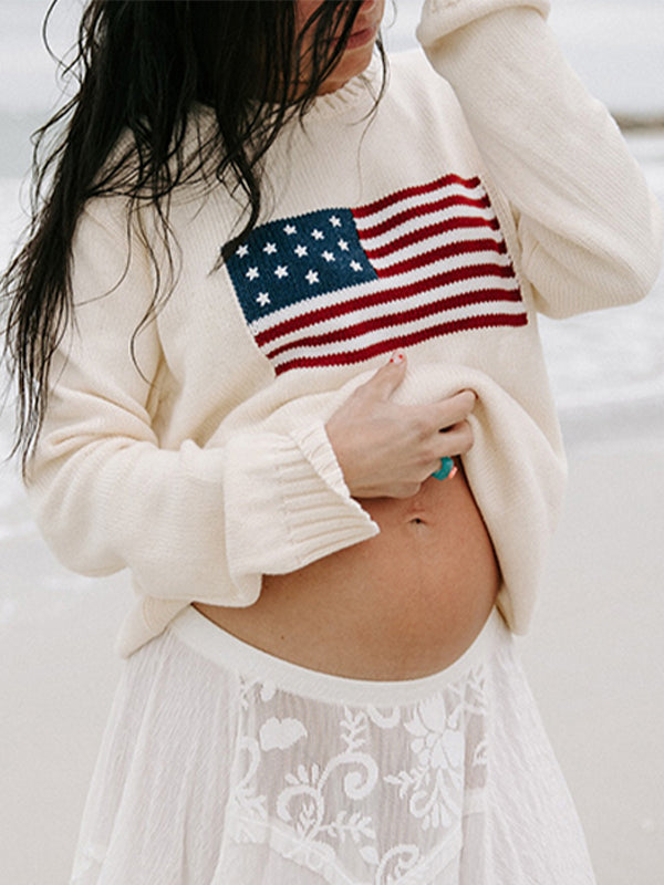 Momsmood White Loose Print Maternity Pullover Sweater