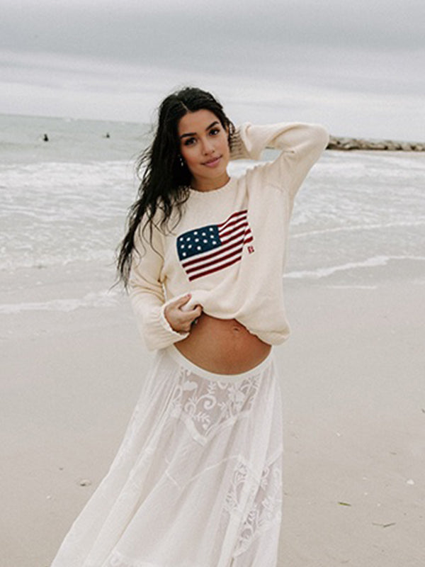 Momsmood White Loose Print Maternity Pullover Sweater