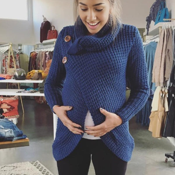 Momsmood Denim blue Buttons Solid Color Oversize Maternity  Sweater