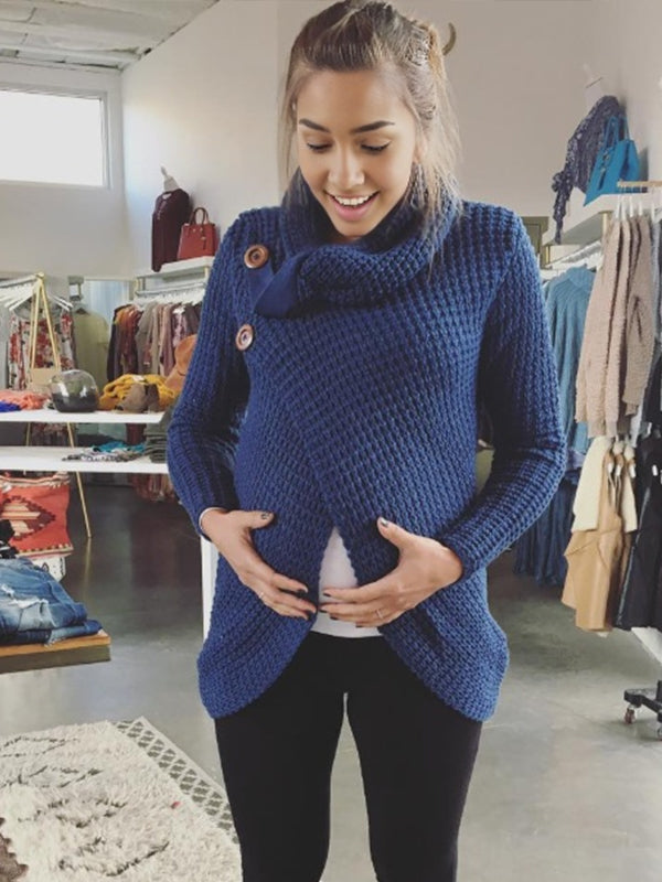 Momsmood Denim blue Buttons Solid Color Oversize Maternity  Sweater