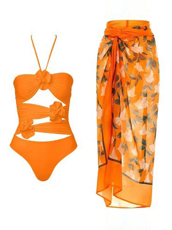 Momsmood Orange 3D Flowers Cut Out Bodysuit Floral Cover Up Wrap Skirt Two Piece Bikini Set Elegant Maternity Baby Moon Beach Swimwear