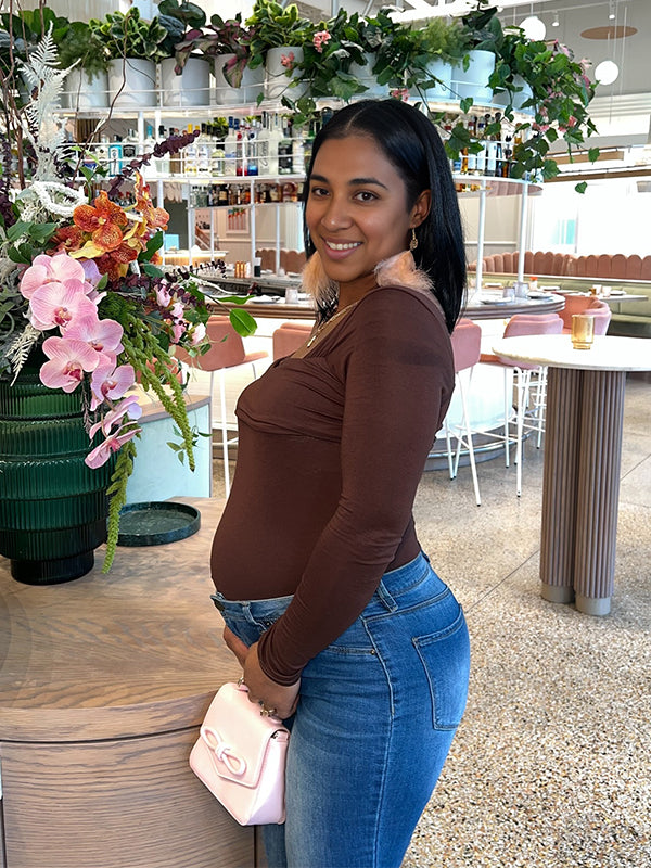 Momsmood Dark Brown Solid Color Oblique Shoulder Ruched Fashion Daily Date Party Maternity Top
