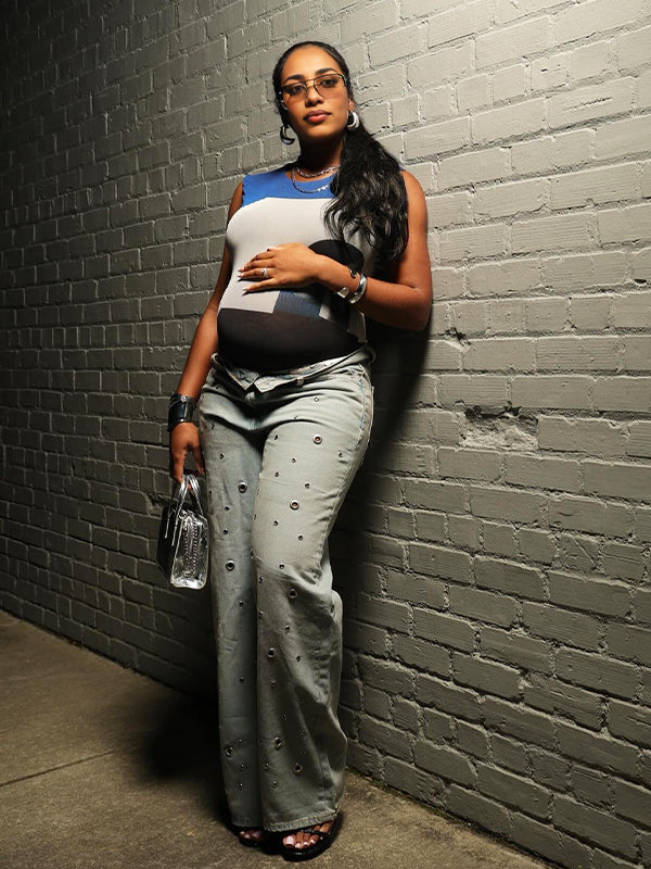 Momsmood Blue and Grey Print Sleeveless Fashion Club Party Baby Shower Maternity Top Bodysuit