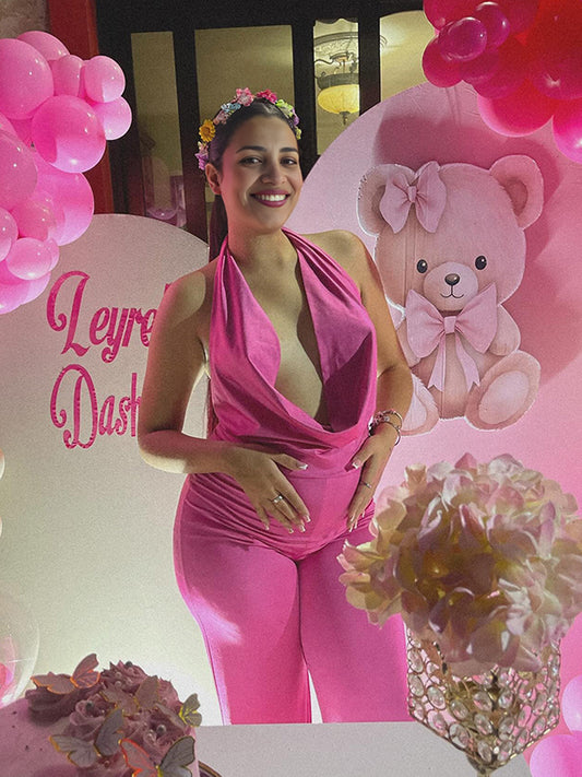 Momsmood Rose Carmine Deep V Halter Neck Open Back Banquet Ceremony Maternity Photoshoot Jumpsuit