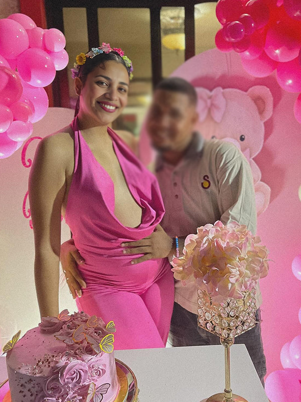 Momsmood Rose Carmine Deep V Halter Neck Open Back Banquet Ceremony Maternity Photoshoot Jumpsuit