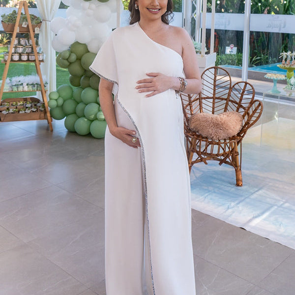 Momsmood White Sparkle Irregular One Shoulder Wide Leg Maternity Jumpsuit