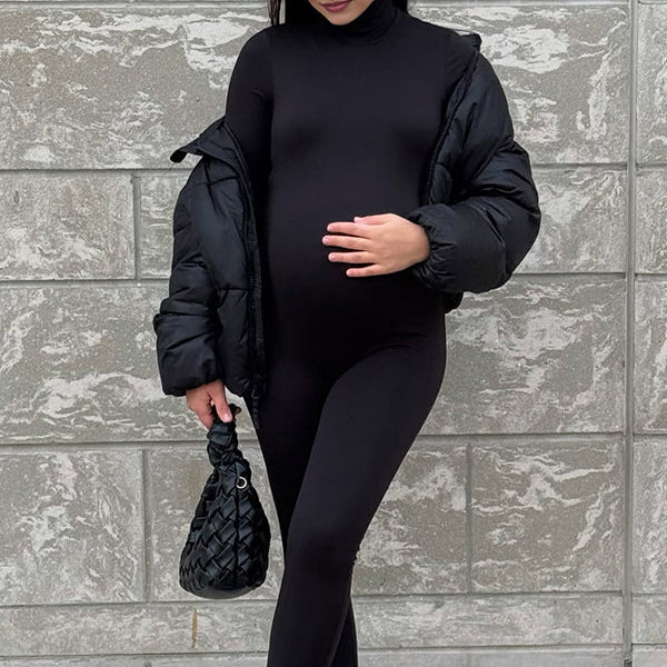 Momsmood Black Zipper High Neck Maternity Jumpsuit