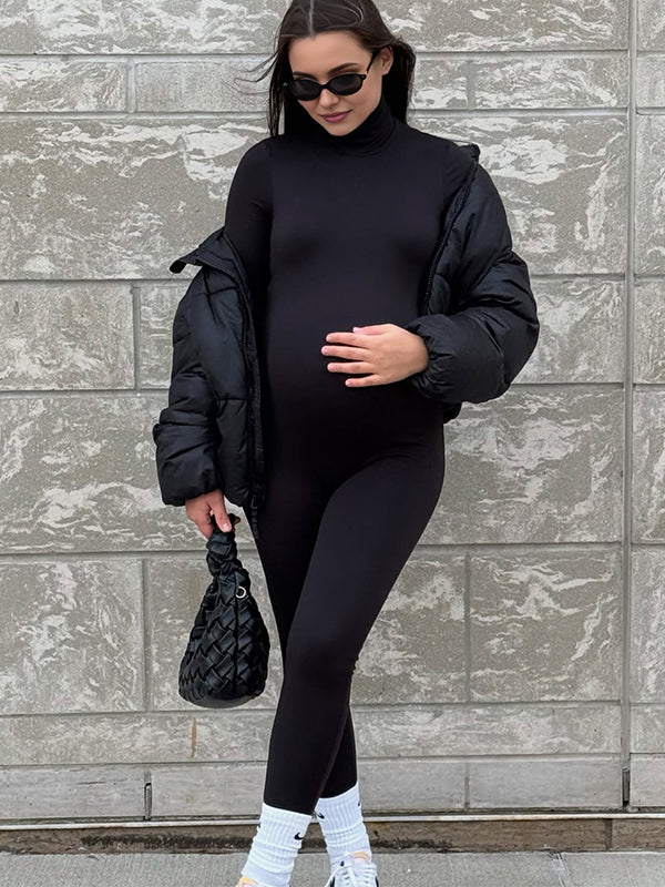 Momsmood Black Zipper High Neck Maternity Jumpsuit