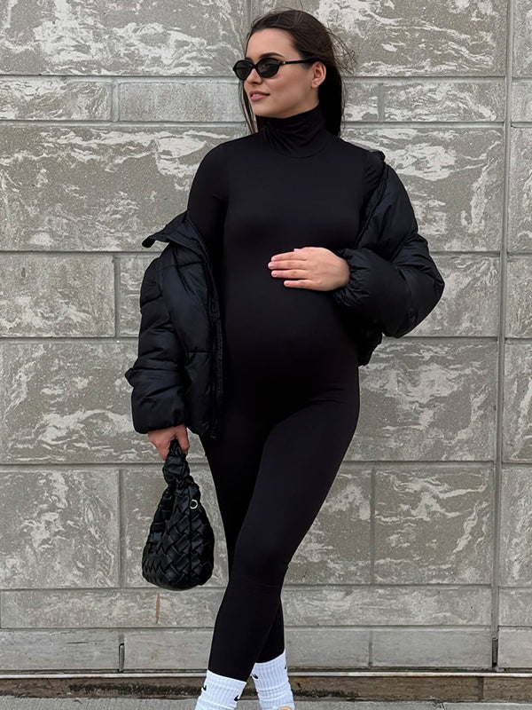 Momsmood Black Zipper High Neck Maternity Jumpsuit