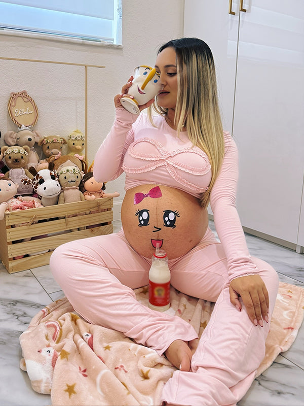 Momsmood Baby Pink Lace-Trim Bow Crop Two Piece Pyjama Set Casual Maternity Going Out Outfit