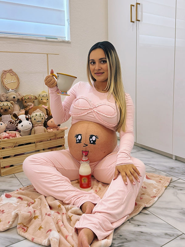 Momsmood Baby Pink Lace-Trim Bow Crop Two Piece Pyjama Set Casual Maternity Going Out Outfit