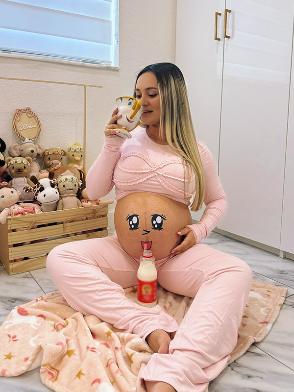 Momsmood Baby Pink Lace-Trim Bow Crop Two Piece Pyjama Set Casual Maternity Going Out Outfit