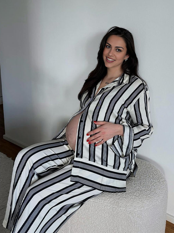 Momsmood Striped Drawstring Silk Chic Casual Maternity Shirt Set