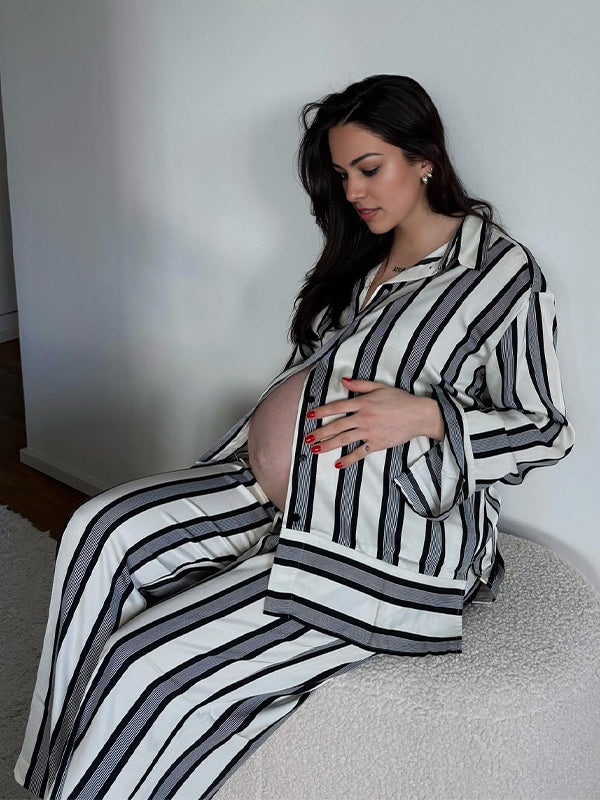Momsmood Striped Drawstring Silk Chic Casual Maternity Shirt Set