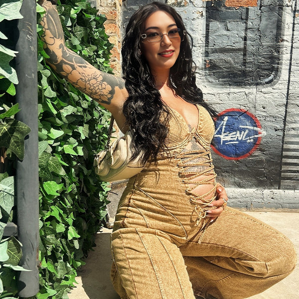 Khaki Cut Out Drawstring Denim Catsuit Maternity Jumpsuits