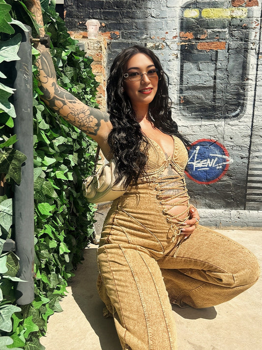 Khaki Cut Out Drawstring Denim Catsuit Maternity Jumpsuits