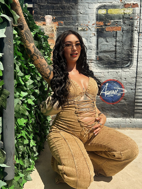 Khaki Cut Out Drawstring Denim Catsuit Maternity Jumpsuits