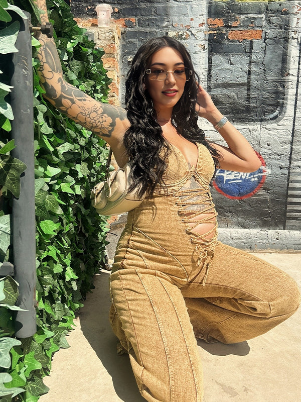 Khaki Cut Out Drawstring Denim Catsuit Maternity Jumpsuits