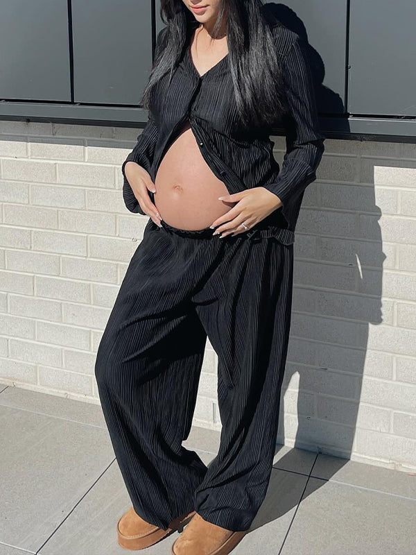 Momsmood Black Flare Sleeve V-neck Buttons Elegant Photoshoot Maternity Outfit