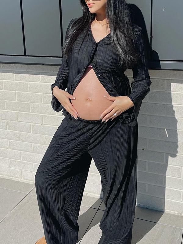 Momsmood Black Flare Sleeve V-neck Buttons Elegant Photoshoot Maternity Outfit