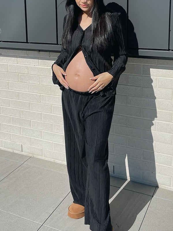 Momsmood Black Flare Sleeve V-neck Buttons Elegant Photoshoot Maternity Outfit