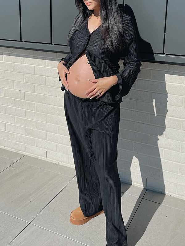 Momsmood Black Flare Sleeve V-neck Buttons Elegant Photoshoot Maternity Outfit
