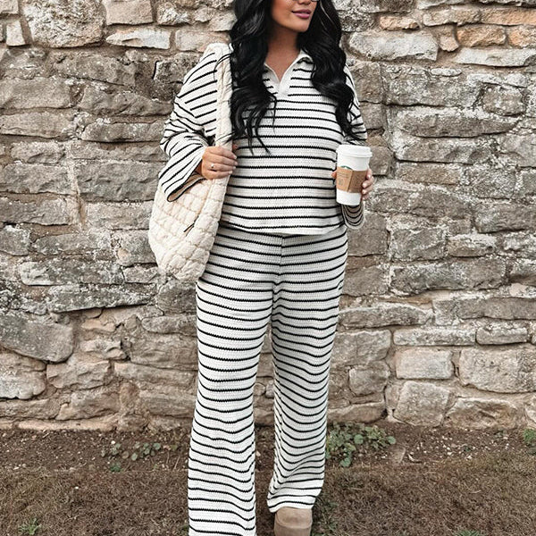 Momsmood Striped Turndown Collar Two Piece Knitwear Casual Maternity Outfit